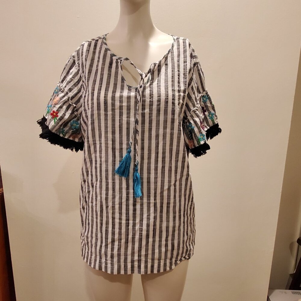 Rafaella Weekend Women's 100% Cotton Short Sleeve Striped Fringe Blouse Size S